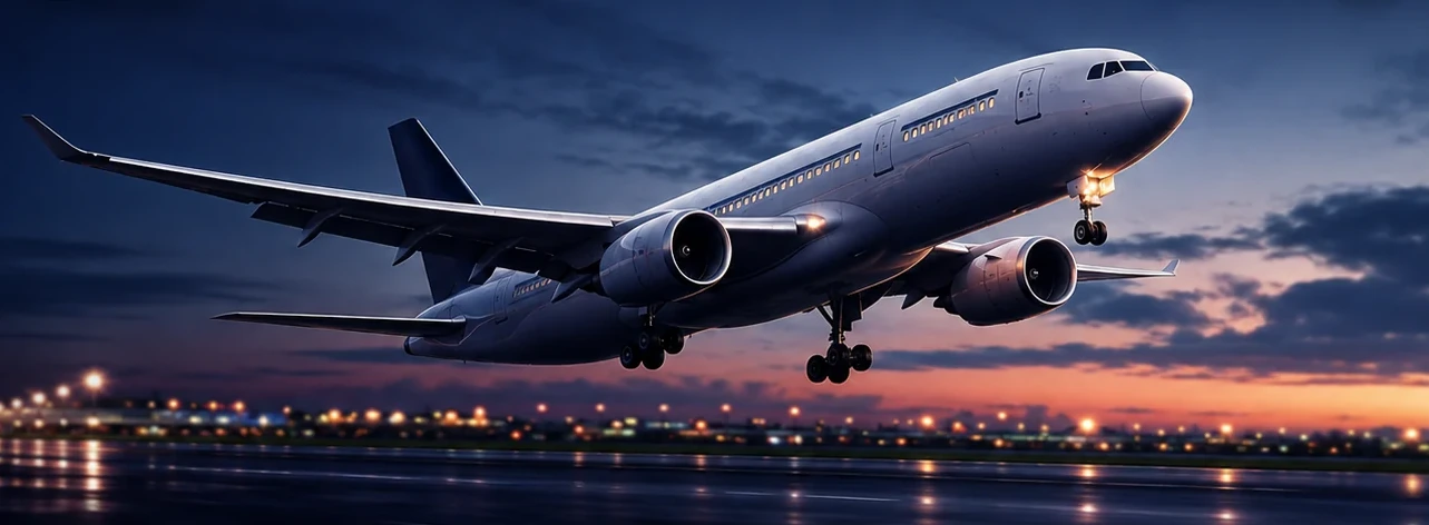 A passenger aircraft taking off at dusk